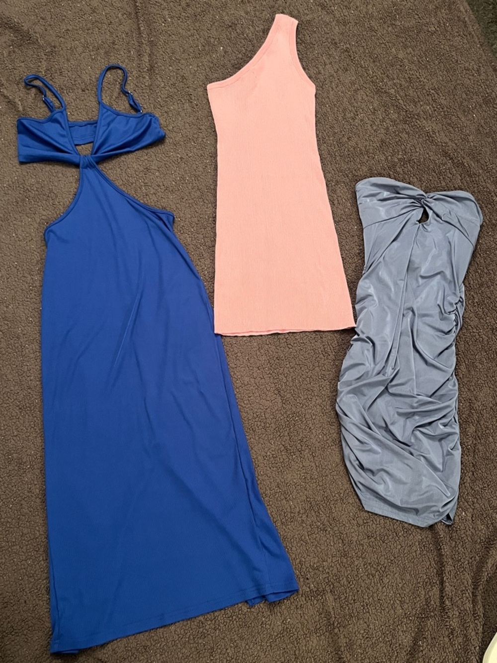 3-Pack BodyCon Slim Dresses - Blue and Pink Ribbed Cotton, Silky Blue Gray